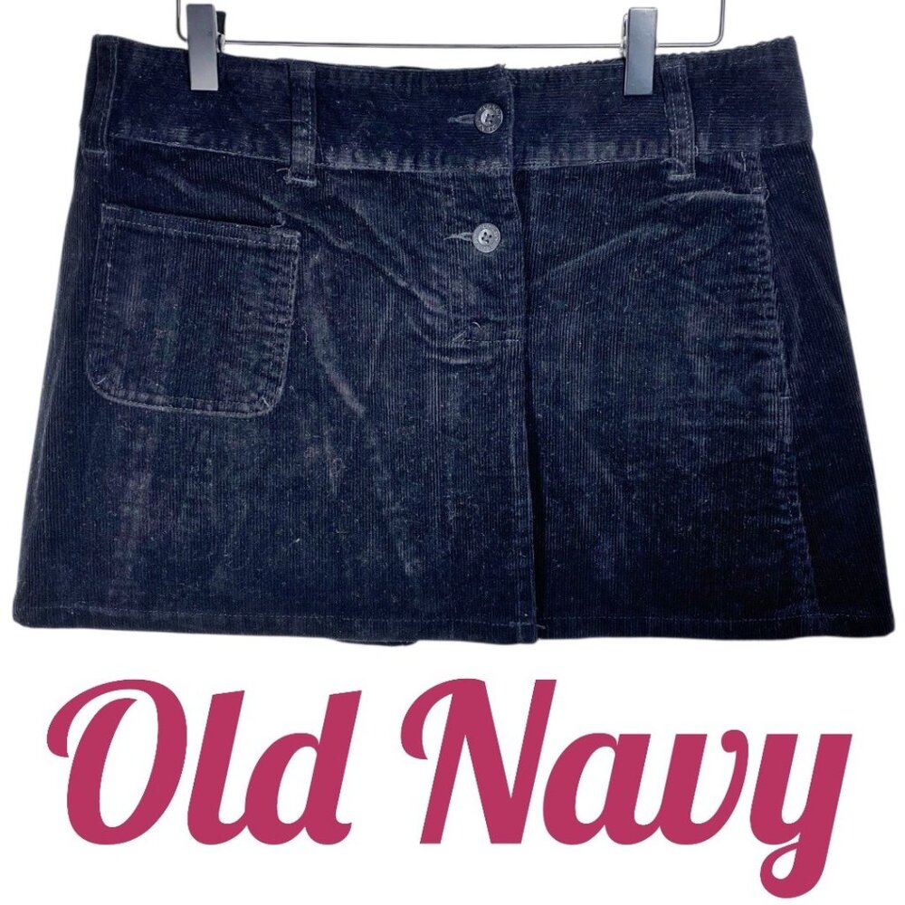 OLD NAVY VINTAGE Y2K STRETCH CORDUROY PLEATED MINI‎ SKIRT BLACK GOTH GRUNGE 6